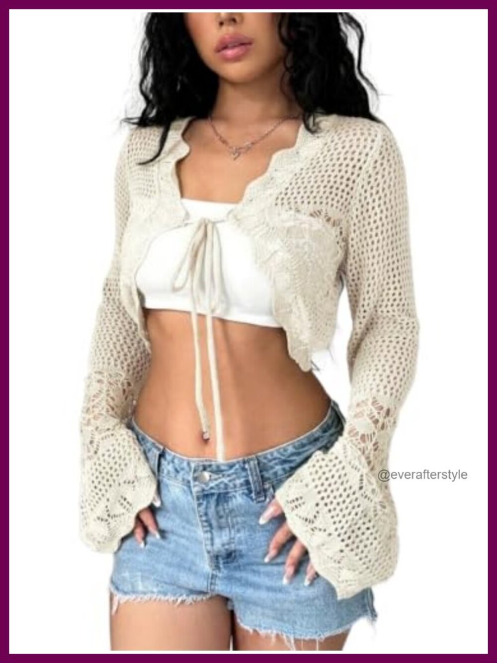 Crochet Tie Front Cardigan Boho Bolero Shrug Bell Sleeve Cropped Knit Sweater